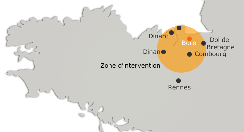 Notre zone d intervention se situe entre la cote d émeraude et la baie du Mont St Michel ainsi que le pays de Dol de Bretagne et Combourg.